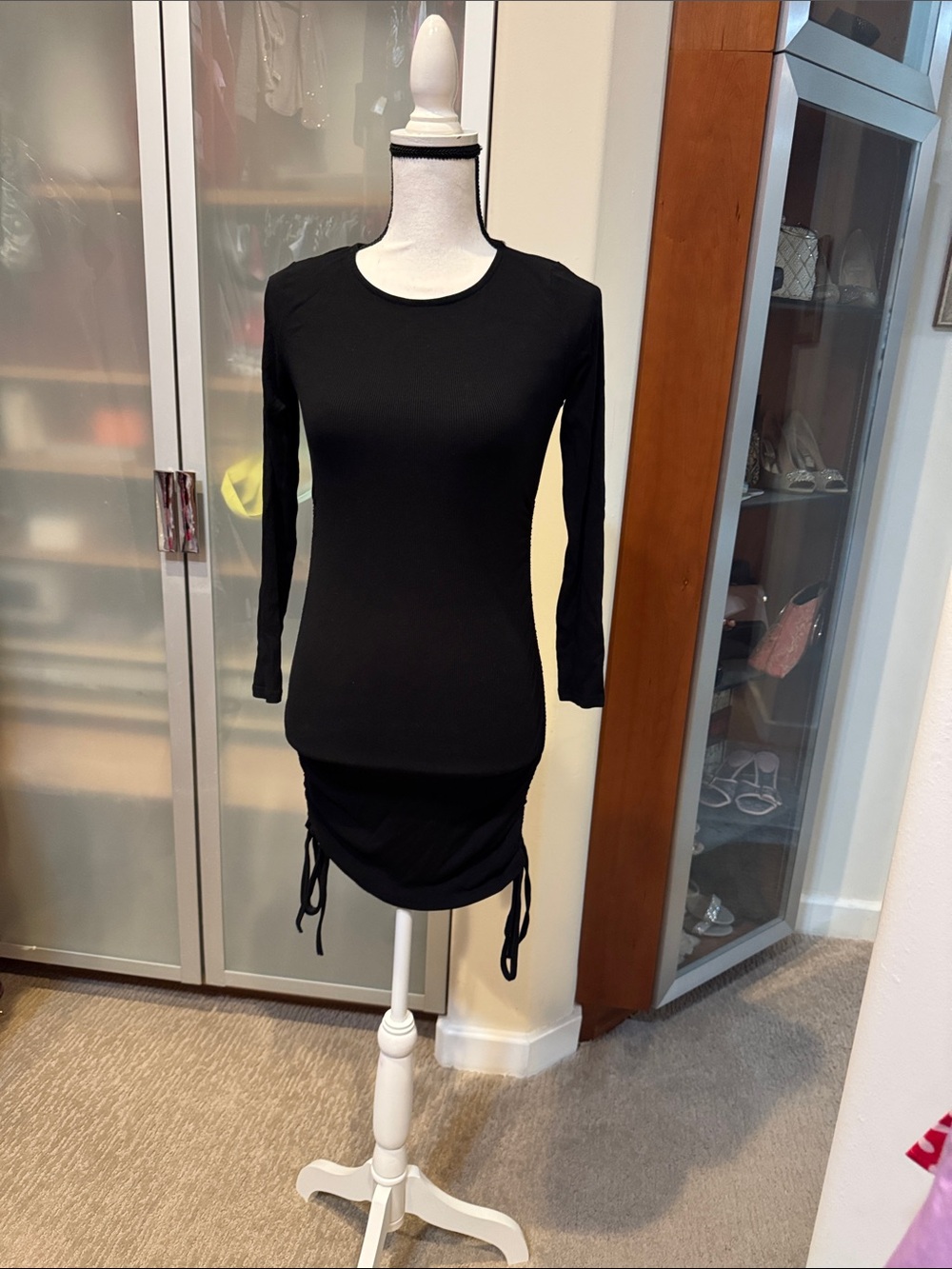 Black Long Sleeve Mini Dress with Side Drawstrings